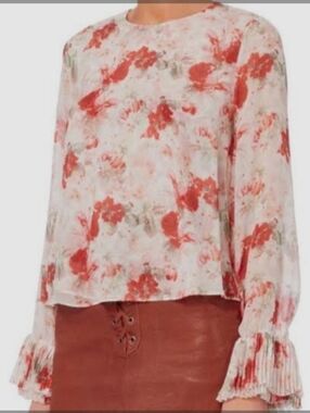 Intermix White Orange Floral Tie Pleat 100% Silk long sleeve Sheer Blouse SZ M